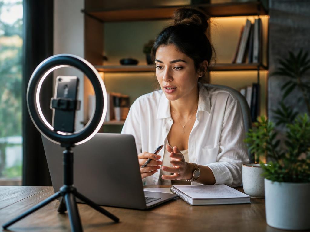 Online coach recording a class at a desk with a laptop and ring light