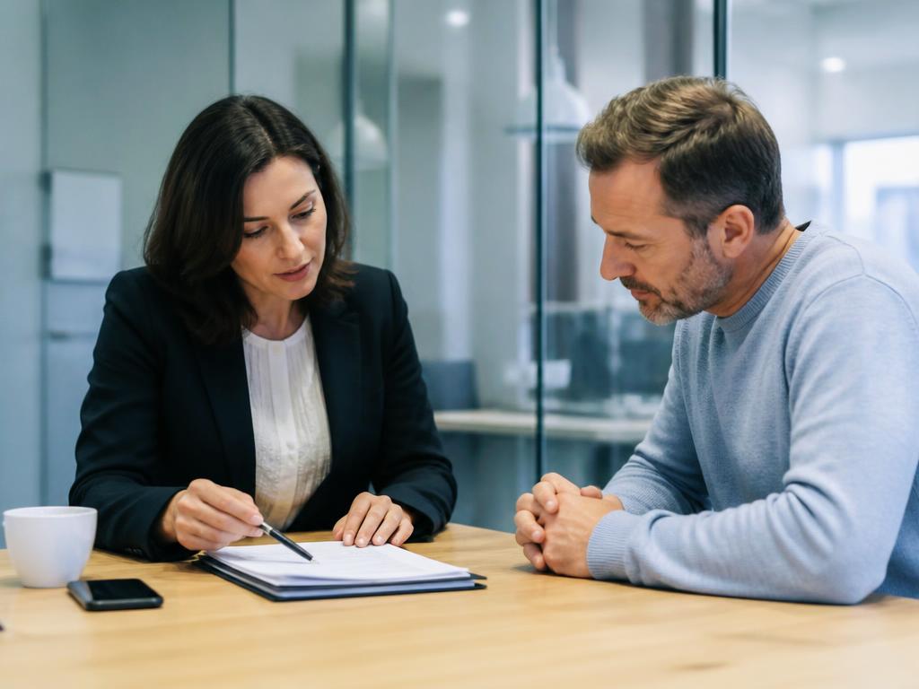 Consultant reviewing documents with a client in a modern office