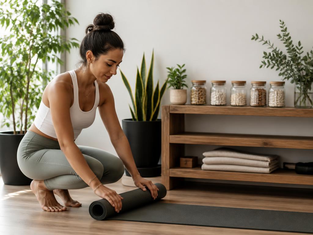 Woman rolling a yoga mat in a bright wellness studio