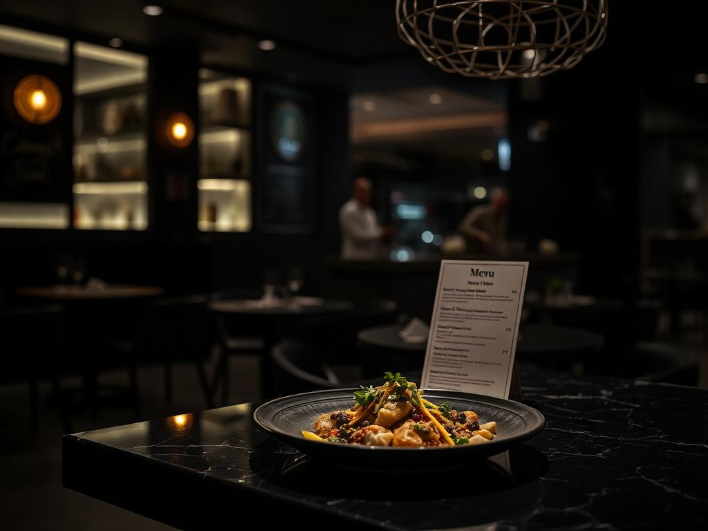 Plated dish on a dark marble counter in a modern restaurant
